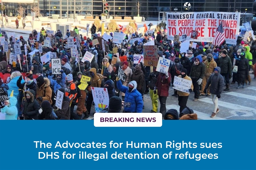 Photo of a protest against ICE with the caption "The Advocates for Human Rights sues DHS for illegal detention of refugees."